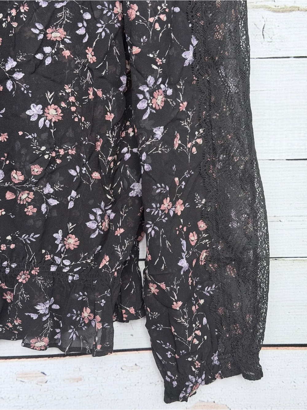 Joie Grazia Caviar Black Floral Lace Panel Smocked Blouse - Medium - Picture 6 of 6
